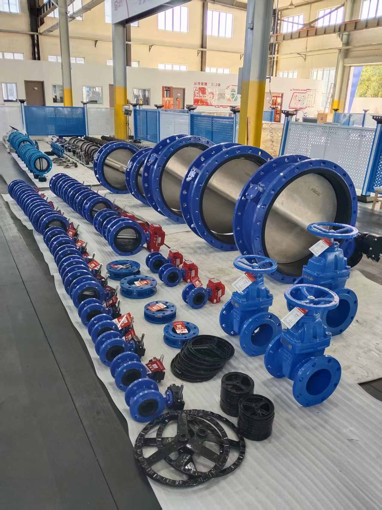 Rows of butterfly valves in the production workshop